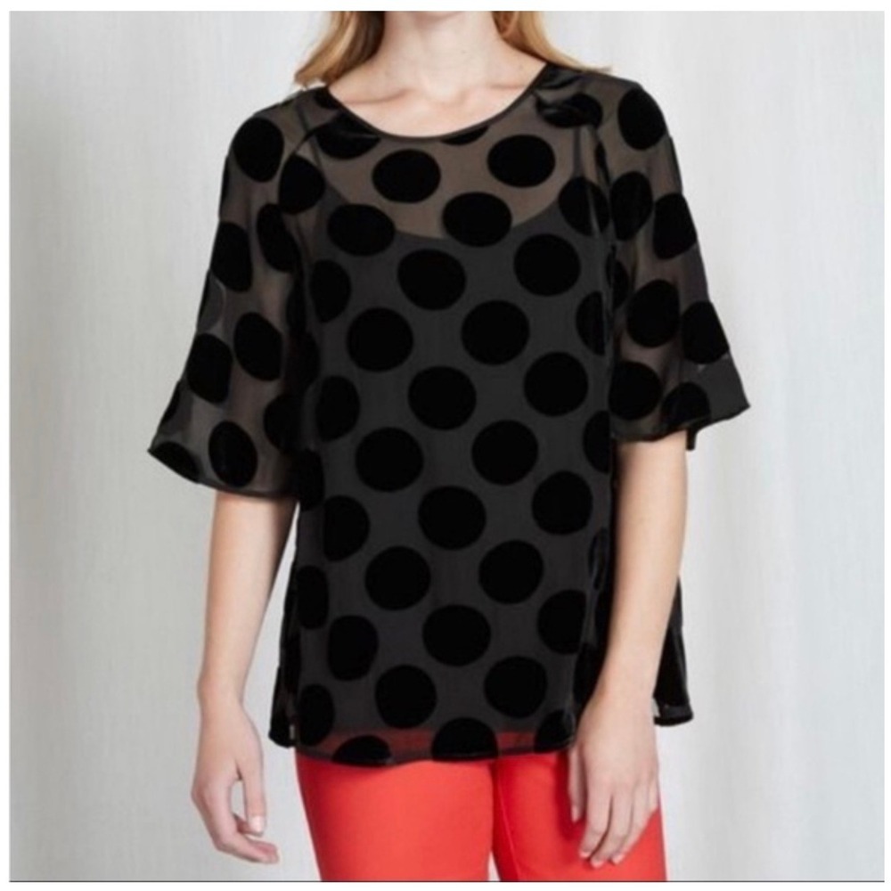 BODEN‎ Amelie Sheer Velvet Polka Dot Bell Sleeve Top Black Holiday Party Sz 12